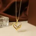 Detail of gold titanium steel heart pendant with Love script and zircon stones - Gold Heart Necklace N0453G