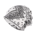 Detail of white cotton beanie with black paisley pattern and soft elastic texture - White