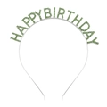 Detail of silver birthday headband with green rhinestone Happy Birthday lettering - Silver with Green Rhinestone