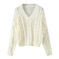 Detail of white V-neck chunky knit sweater with fringe accents and hollow texture - S / Off White