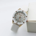 Modern white and gold women's watch with wavy textured dial and leather strap - White