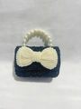 Mini black tweed handbag for girls with pearl handle and oversized pearl bow decor - Horizontal Black with White Bow