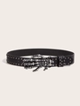 Detail of black punk leather belt with silver skull hand buckle and metal rivets - 1468# Three Leather Rings Gunmetal Rivet Finger Buckle
