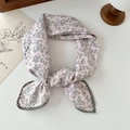 Pink cotton linen scarf with blue floral prints and green lace edge tied in a bow - Floral Light Pink