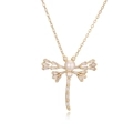 Collana con ciondolo a libellula dorata con corpo di perle e ali di zirconi su sfondo bianco - Oro Bianco Zircone