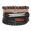 Macro shot of brown leather bracelet set with metal tag Where there is a will there is a way - RH257-7 (Inspirational Quote Set)