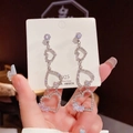 Silver S925 long tassel drop earrings with hollow heart shapes and crystals - E0330 Silver Needle (Hollow Heart Triple Tassel Silver)