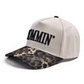 Beige baseball cap with leopard print brim and black MOMMIN embroidery on front - Leopard Print