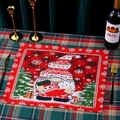Detail of Christmas placemat with knitted faceless gnome on festive tablecloth - Style D