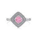 Silver ring featuring a square pink zircon center stone with double halo diamond setting - Size 6 / Ring / Pink