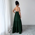 Elegante donkergroene gelaagde maxi-jurk met spaghettibandjes van katoen-linnenmix - S / Donkergroen