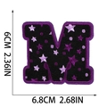 Detailed size chart of Halloween embroidered letter M patch with purple star and measurements - M