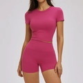 Women's two-piece yoga set with crop top and high waist shorts in vibrant rose pink - S / Short Sleeve + Shorts — Plum Red