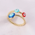 Macro shot of three-color evil eye ring with gold plating and enamel inlay detail - Three-Color Horizontal Eyes (Style 4)
