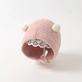 Soft pink plush baby ear protection hat with cute white double pom-poms on white stand - Small Ball Hat / Pink