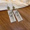 Detail of Chinese style bamboo print earring with green bead and tassels on wood - 24# Ear Hook-Green
