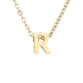 Close-up of a polished 18k gold plated letter R pendant on a stainless steel chain - Letter R