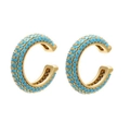Gold-plated C-shaped ear cuffs featuring rows of deep blue and turquoise crystal beads - Gold Plated - Blue Zirconia