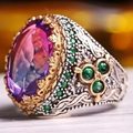 Macro shot of luxury vintage ring showing filigree metalwork and large colorful gemstone - US 7 / Pink (TJZ22021)
