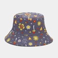Detail of purple canvas bucket hat with hand-drawn flower and mushroom graffiti patterns - Grey (Dark Purple Printed)