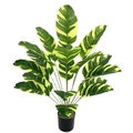 Macro detail of artificial variegated banana tree leaves with realistic yellow patterns - 18-Head Traveler's Banana Tree Yellow Green (Without Pot)