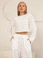Close-up of hollow jacquard heart print lounge set with breathable laser-cut details - S / Red Heart