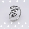 Silver stainless steel open ring featuring a three-leaf design with a polished metallic finish - b10 Three Leaves Design / Silver