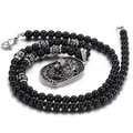Collier punk pour homme avec pendentif tête de lion en argent et perles d'hématite noires - Style Perle de Verre / Couleur Acier