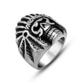 Vintage silver skull ring with Indian feather headpiece in polished stainless steel - US Size 7 / Indian Skull(SA464)