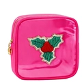 Detalle de bolsa de maquillaje rosa con parche de chenilla y cremallera dorada brillante - Rosa (Baya de acebo) / Bolso cuadrado pequeño