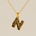 Gold-plated stainless steel necklace with textured letter N pendant and black mesh detail - Gold Letter N