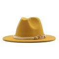 Detail of yellow wool felt fedora featuring a beige woven rope and golden chain band - M (56-58cm) / Yellow