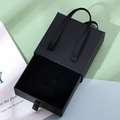 Elegant black drawer jewelry box with silk handle and soft black flocking interior - 9x9x3.5cm / Black