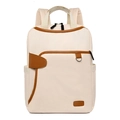 Minimalist cream oxford laptop backpack with brown leather trim and front zipper pocket - 74 Rice White