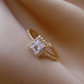 Elegant gold square zircon ring with micro-pave diamonds on champagne silk background - Adjustable Open / Gold