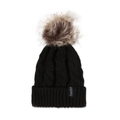 Vue détaillée du bonnet en maille torsadée noire avec étiquette Freedom et pompon - M (56-58cm) / Noir