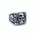 Macro detail of Gothic skull and rose relief on vintage silver titanium steel ring - US 10 / Rose Skull