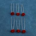 Detail of red rose U-shaped hair pins with velvet texture for bridal wedding styling - Velvet Rose Style (FZ-001) / 6Pcs/Set / Red
