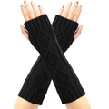 Long black knit fingerless gloves with classic diamond pattern and ribbed cuffs - One Size / Black