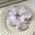 White lace scrunchie with pink plush fringe detail on a vintage ceramic plate - 71# White Mesh Pink Fringe