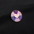 Round Self Love enamel pin with purple petals and golden metal edges on black leather - Self Love Brooch (X00390)