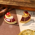 Macro shot showing dimensions of vintage gold earrings with red enamel and gemstones - Red Fan Gemstone Style