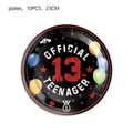 Black 10-piece pack of 23cm disposable paper plates for official 13th birthday party - Teenager Theme Black & Red Large Plate