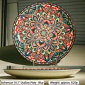 10.5 inch Bohemian ceramic dinner plate with colorful mandala pattern and round edge - 10.5 Inch Flat Plate / Blue