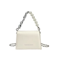 Borsa a tracolla crema in PU con manico di perle, stampa FASHION & BAGS e catena - Bianco Sporco