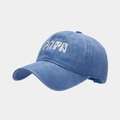 Close-up of PAPA 3D embroidery on washed blue cotton baseball cap for outdoor sports - Adjustable / Sky Blue