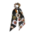 Detail of silk satin scrunchie featuring elegant poker card patterns and long ribbons - Green Poker