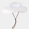 Detail of white straw cowboy hat with gold sequins and adjustable brown chin strap - White Sequin