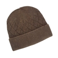 Detail of dark brown beanie featuring diamond knit pattern and thick ribbed brim - Coffee