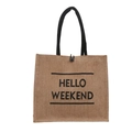 Ethnic style jute tote bag in brown featuring Hello Weekend print and black rope handles - Pattern 2 HELLO WEEKEND